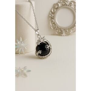 Mythical Dragon Wrapped On A Cylinder Black Gemstone Necklace Fantasy Whimsical